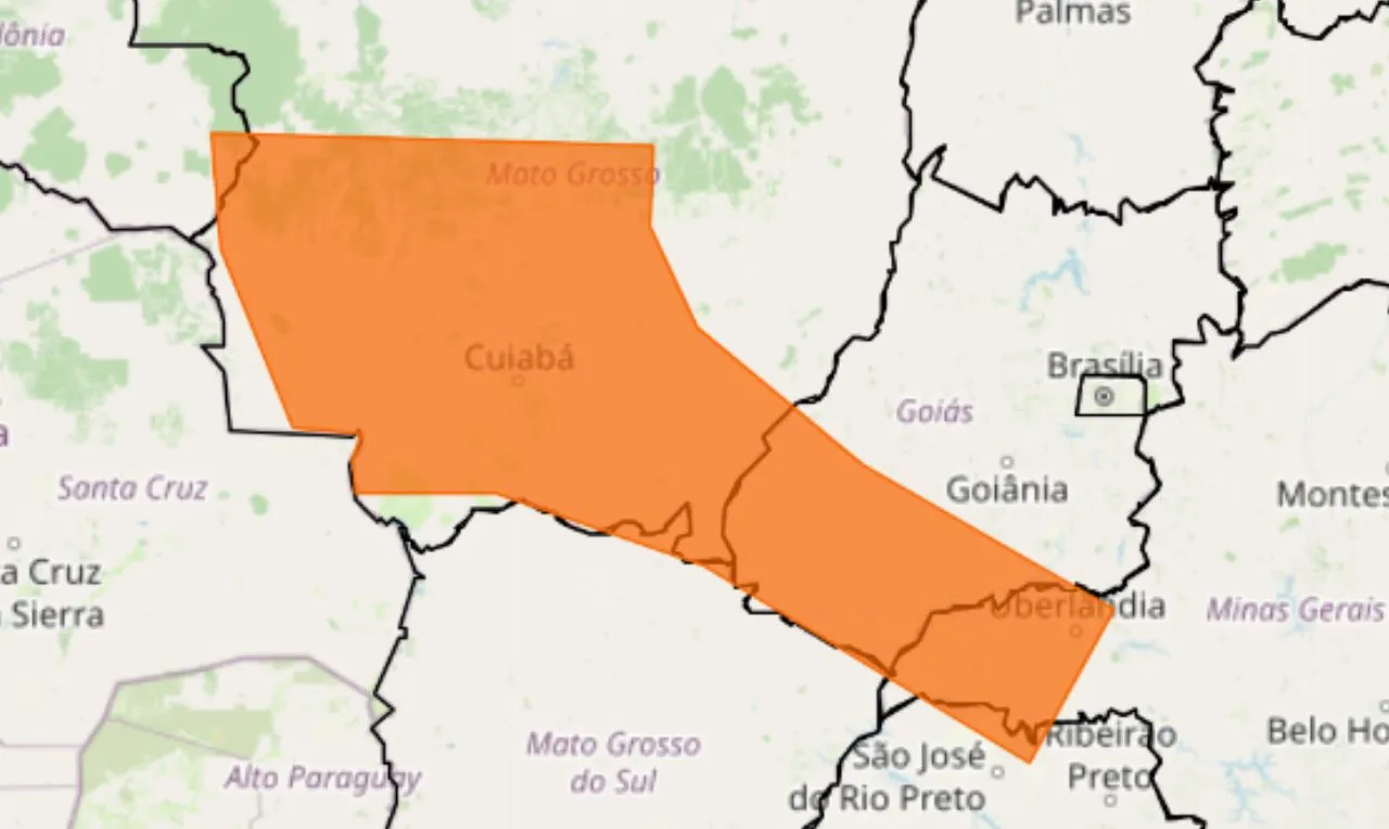 O mapa mostra as áreas em alerta para tempestade
